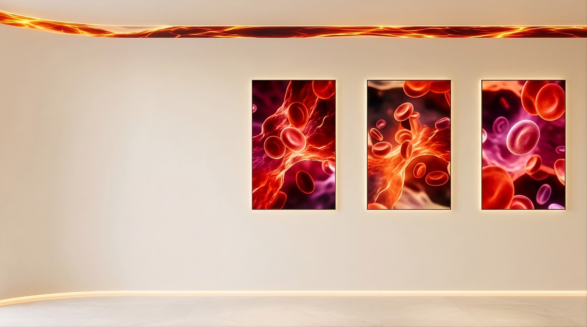 A cream gallery wall with three glowing panels of blood cells, under a magma ribbon