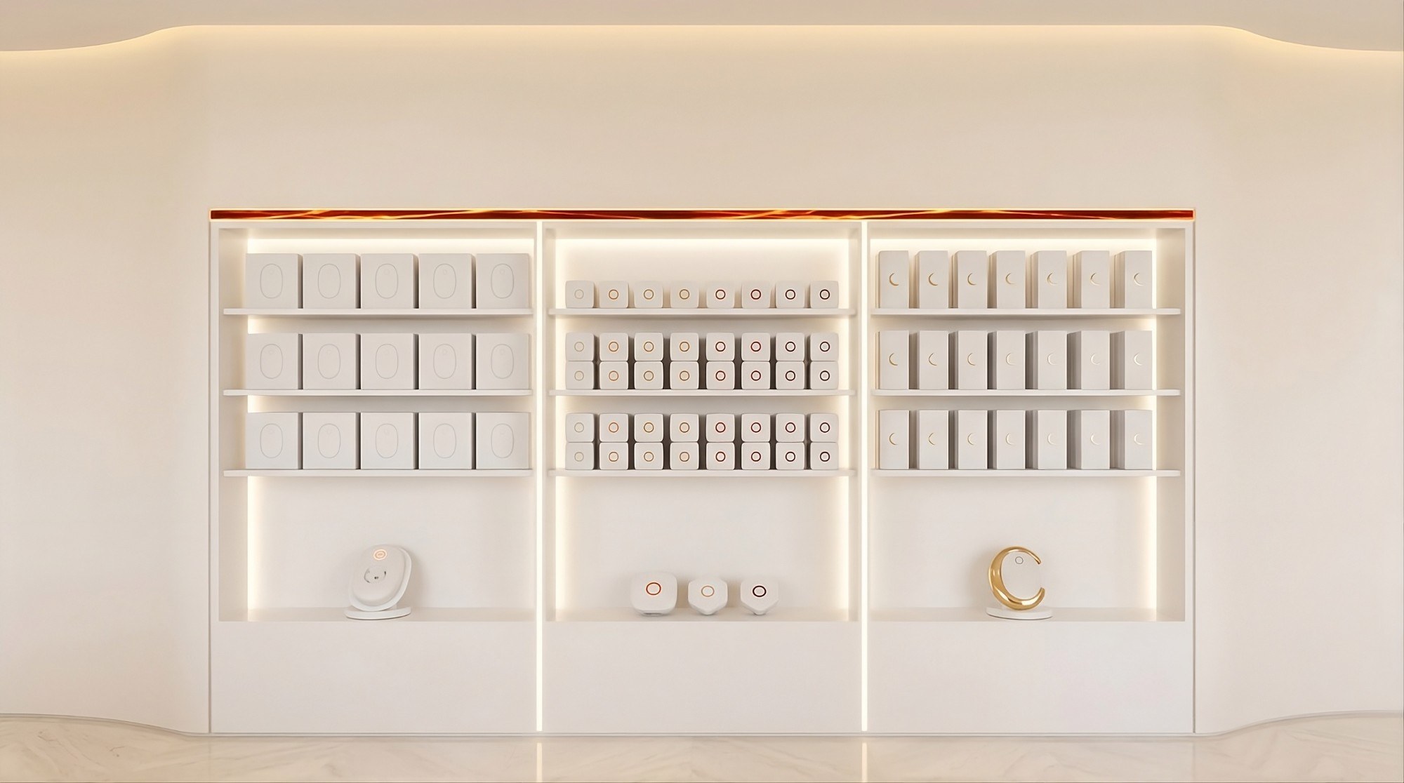 A white product wall with three columns: core devices, sensors and accessories