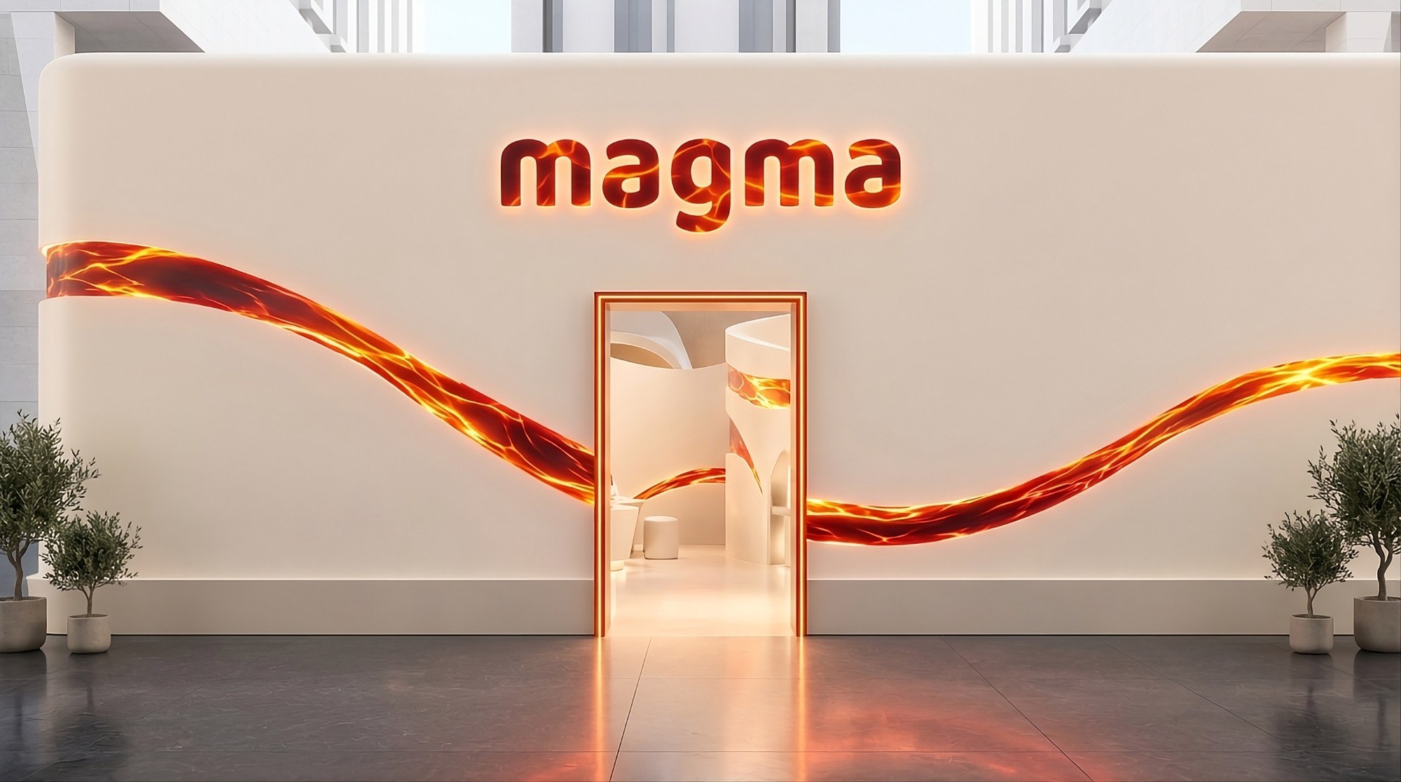 The magma store front, with a glowing magma ribbon along the wall and an open door